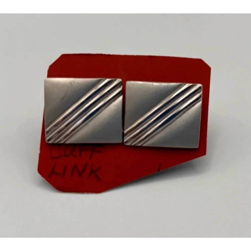 Vintage Silver-Tone Cufflinks With Diagonal Line Pattern